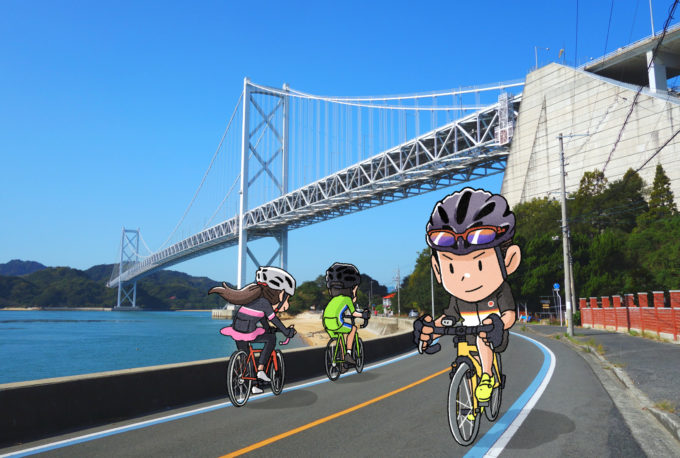 しまなみ海道　因島大橋を走る自転車イラスト